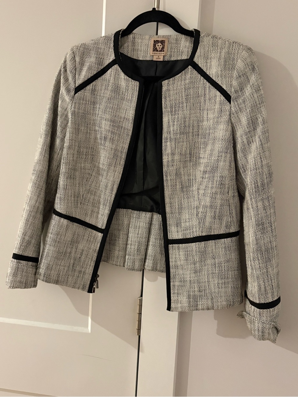 Anne Klein Black-Trim Tweed Jacket in Gray and Black